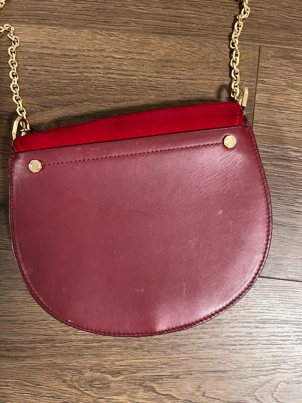 Louise et Cie Red Two-Tone Suede & Leather Crossbody with Gold Chain - Picture 4 of 7